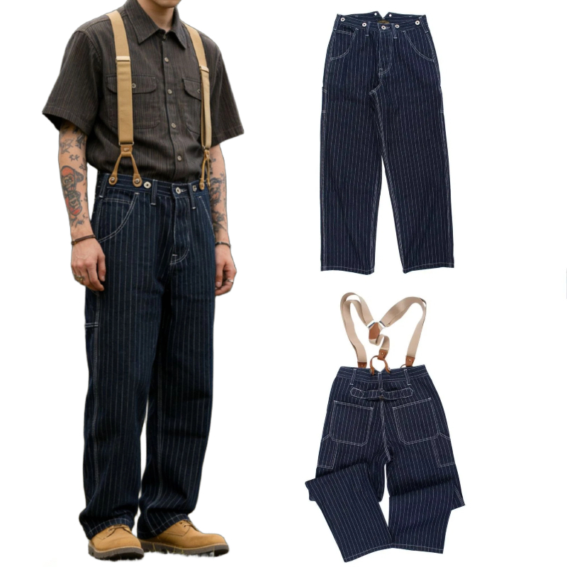 Leather Work Overalls - Macacão Jeans Vintage Masculino com Listras