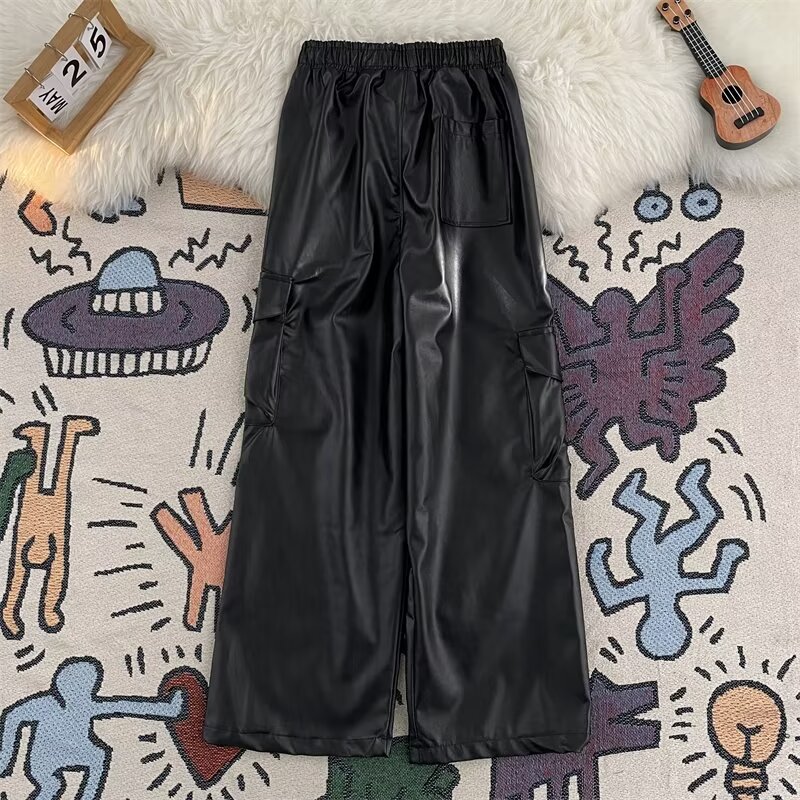 Harajuku calças de couro do pl - Leather Work Overalls avaliação e preço