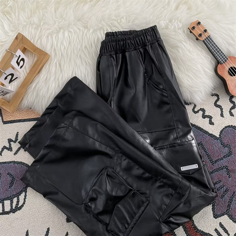 Harajuku calças de couro do pl - Leather Work Overalls avaliação e preço
