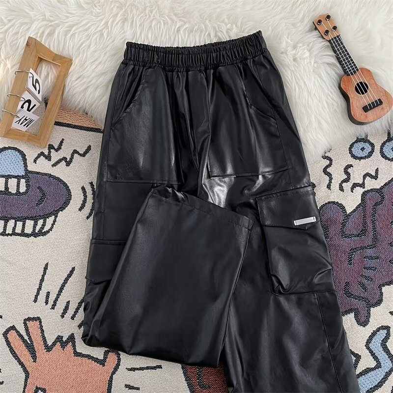 Harajuku calças de couro do pl - Leather Work Overalls avaliação e preço